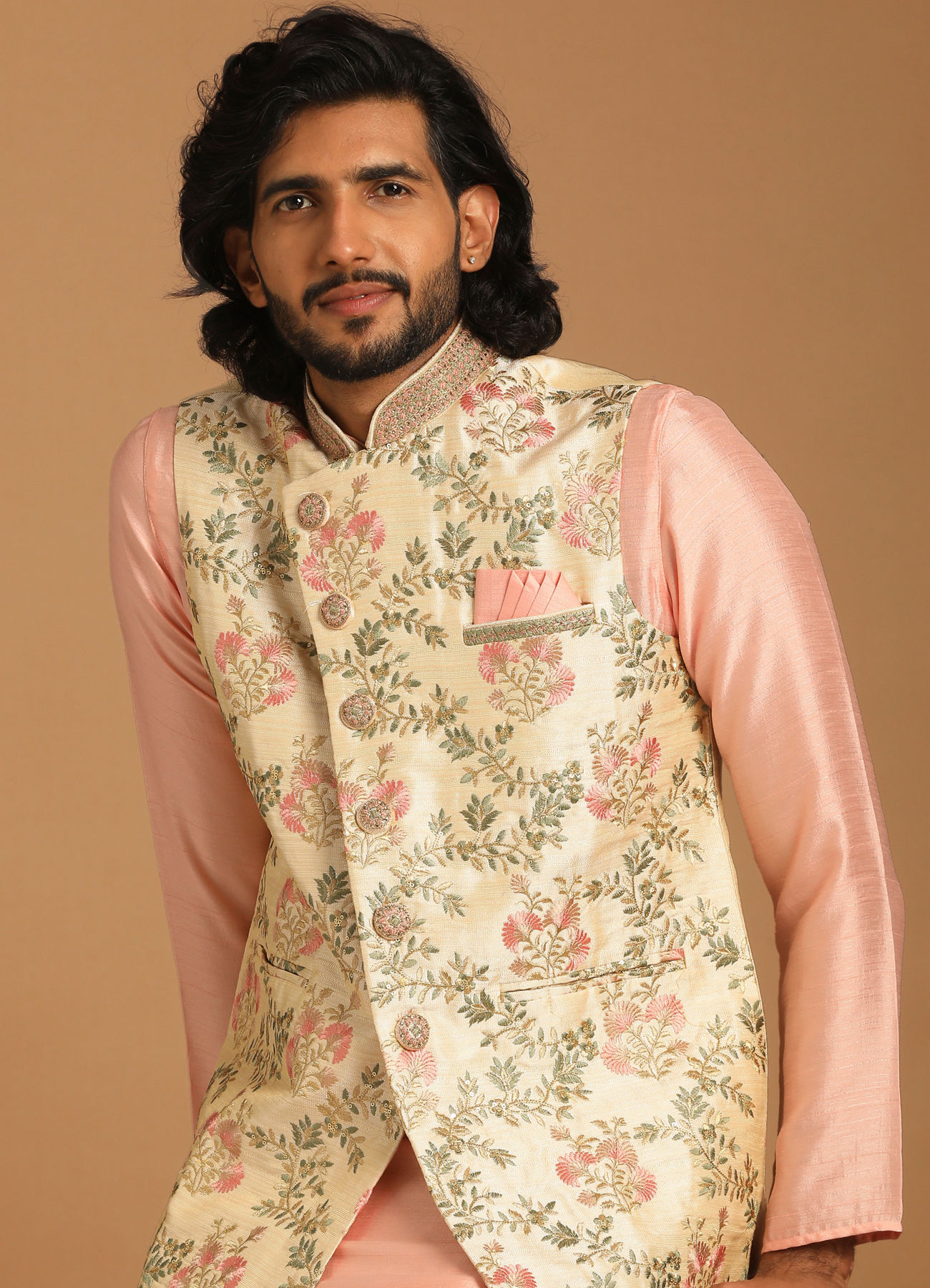 Manyavar Men Beige And Pink Floral Kurta Jacket