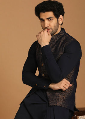 alt message - Manyavar Men Blue Draped Kurta Jacket Set image number 0