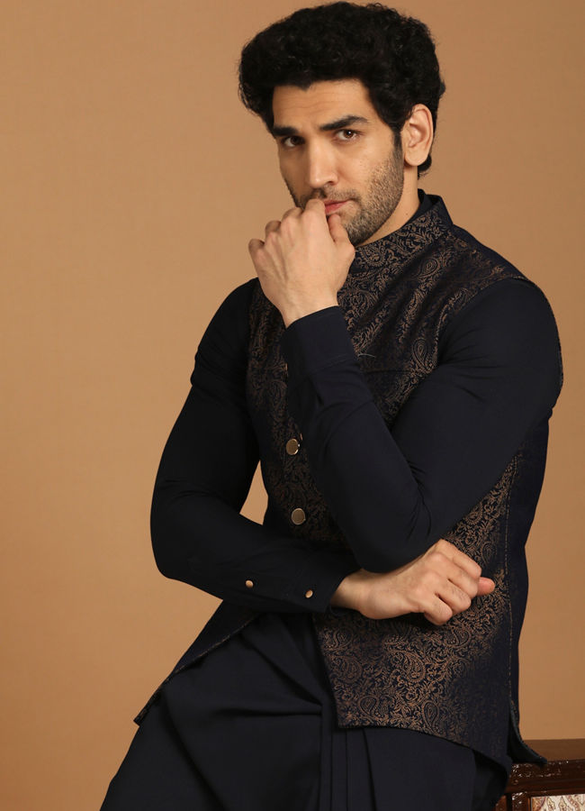 Black kurta pajama discount with blue jacket