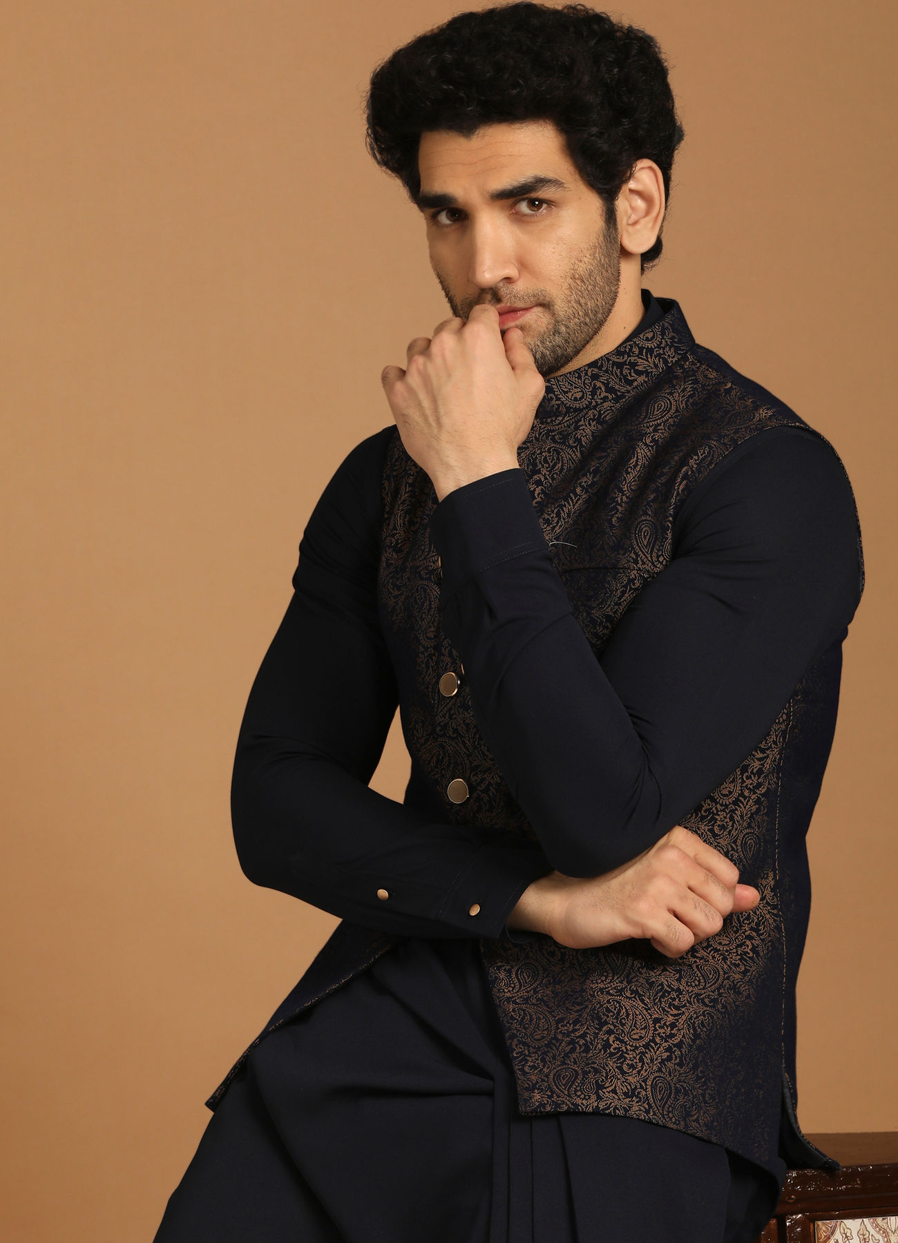 Manyavar Men Blue Draped Kurta Jacket Set