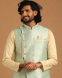 Manyavar Men Powder Blue And Beige Kurta Jacket Set