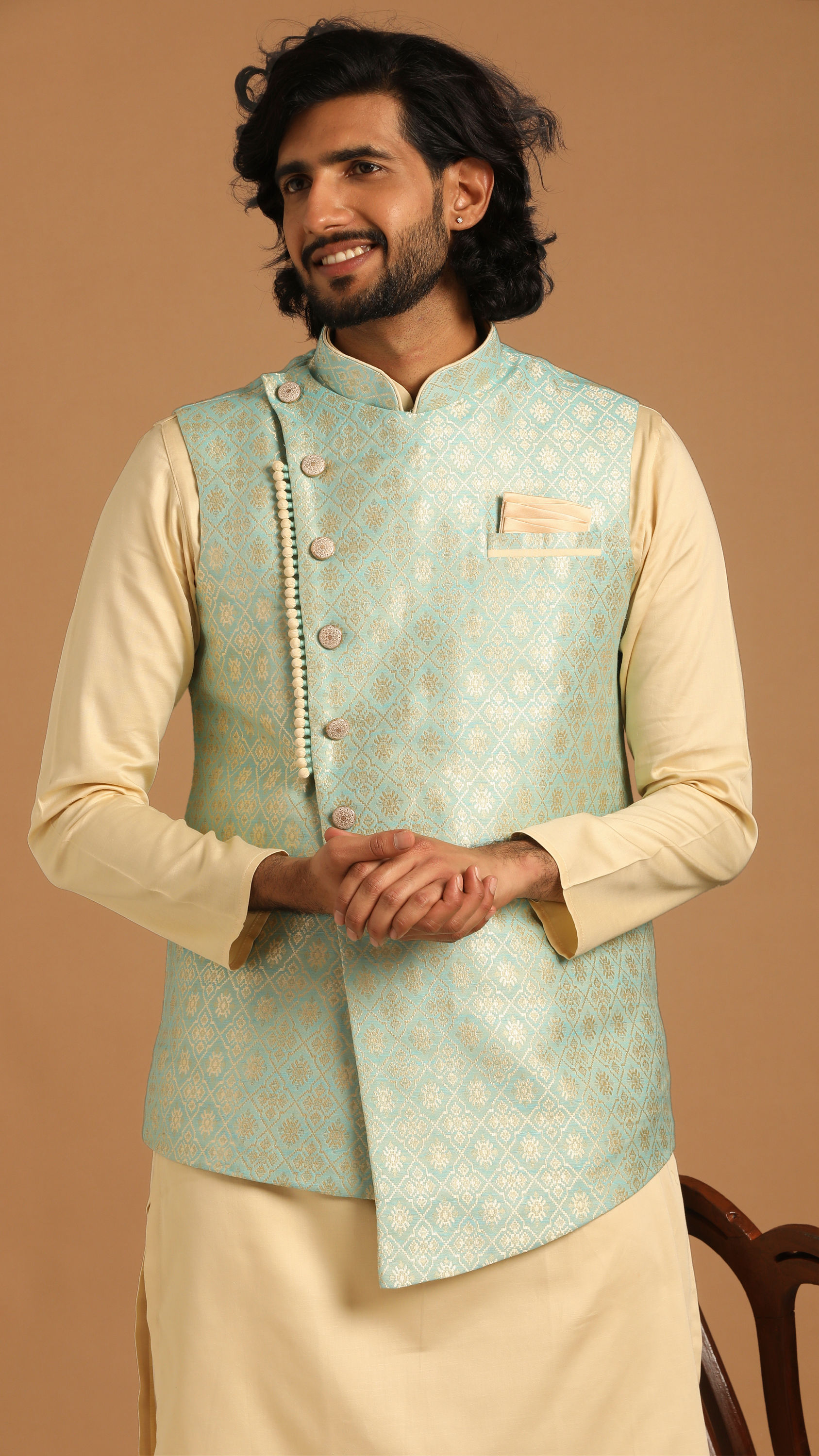 Manyavar Men Powder Blue And Beige Kurta Jacket Set