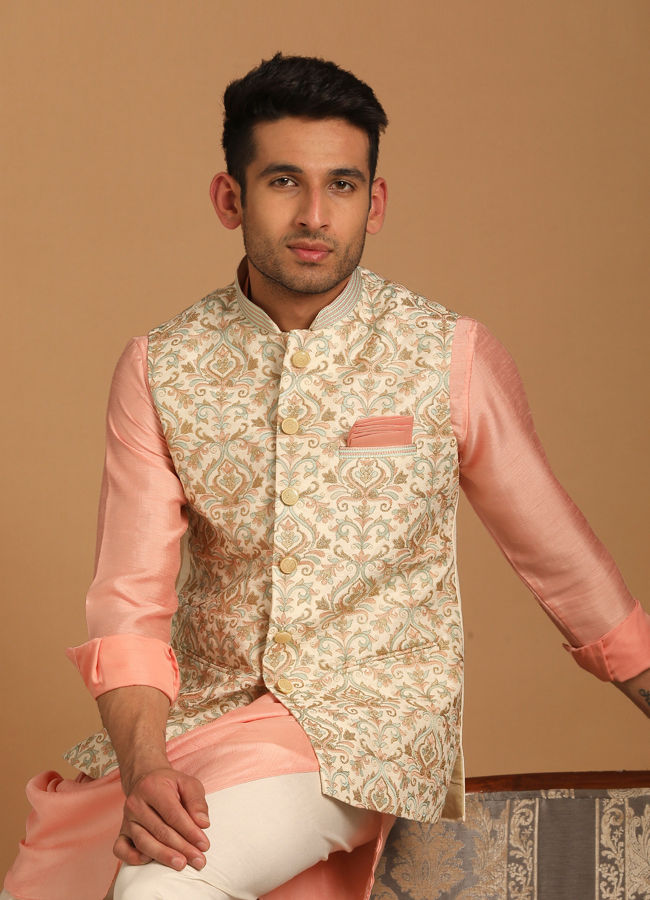 Cream And Gajaree Kurta Jacket Set