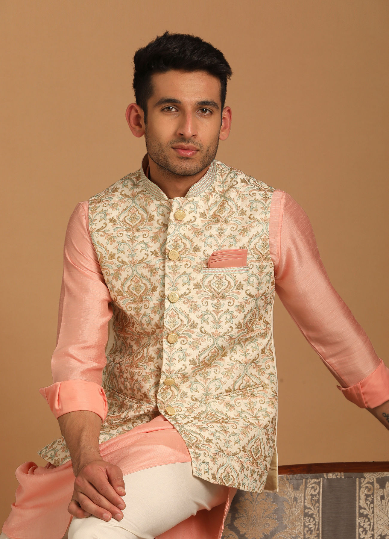 Manyavar Men Cream And Gajaree Kurta Jacket Set