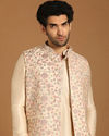 Manyavar Men Cream Floral Print Festive Kurta Jacket Set