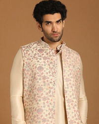 Manyavar Men Cream Floral Print Festive Kurta Jacket Set