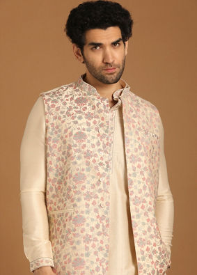 alt message - Manyavar Men Cream Floral Print Festive Kurta Jacket Set image number 0