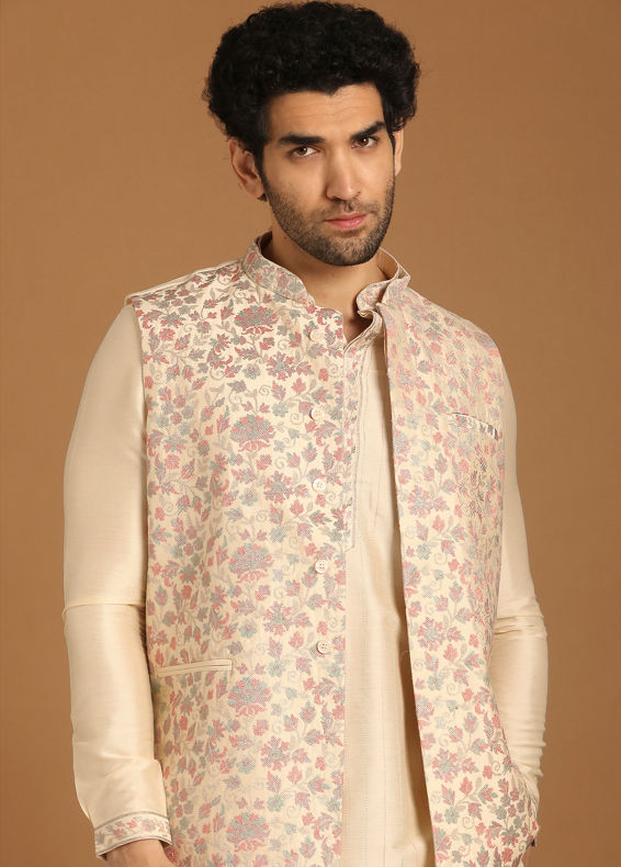 Manyavar Men Cream Floral Print Festive Kurta Jacket Set