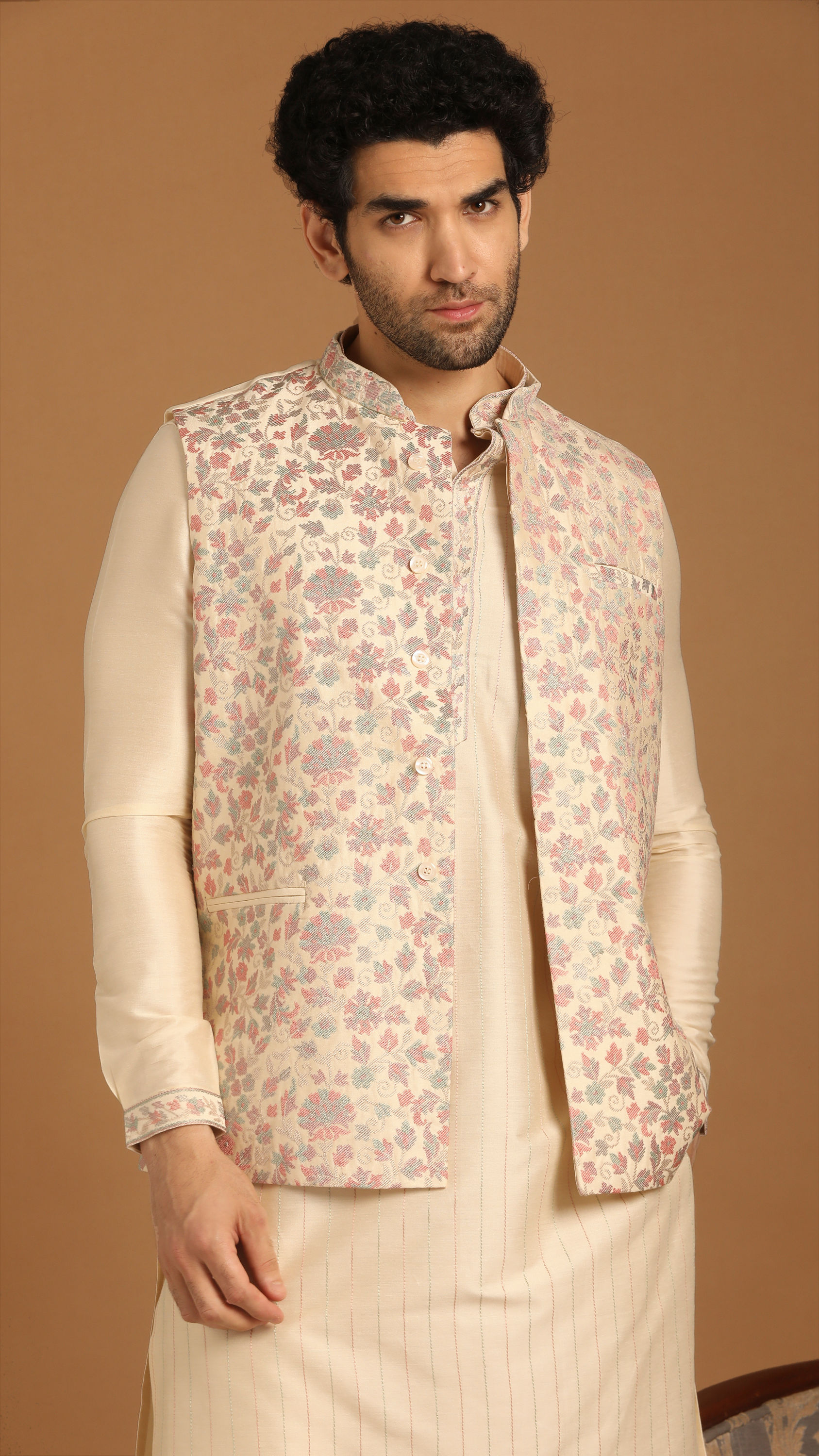 Manyavar Men Cream Floral Print Festive Kurta Jacket Set