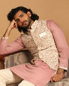 alt message - Manyavar Men Self Design Cream Kurta Jacket Set image number 0