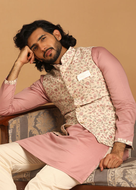 Manyavar Men Self Design Cream Kurta Jacket Set