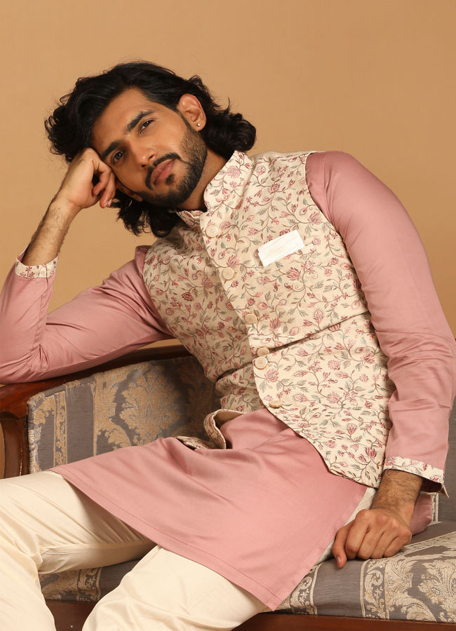 alt message - Manyavar Men Self Design Cream Kurta Jacket Set image number 0