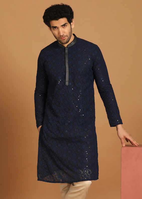 Manyavar Men Blue Georgette Kurta Set