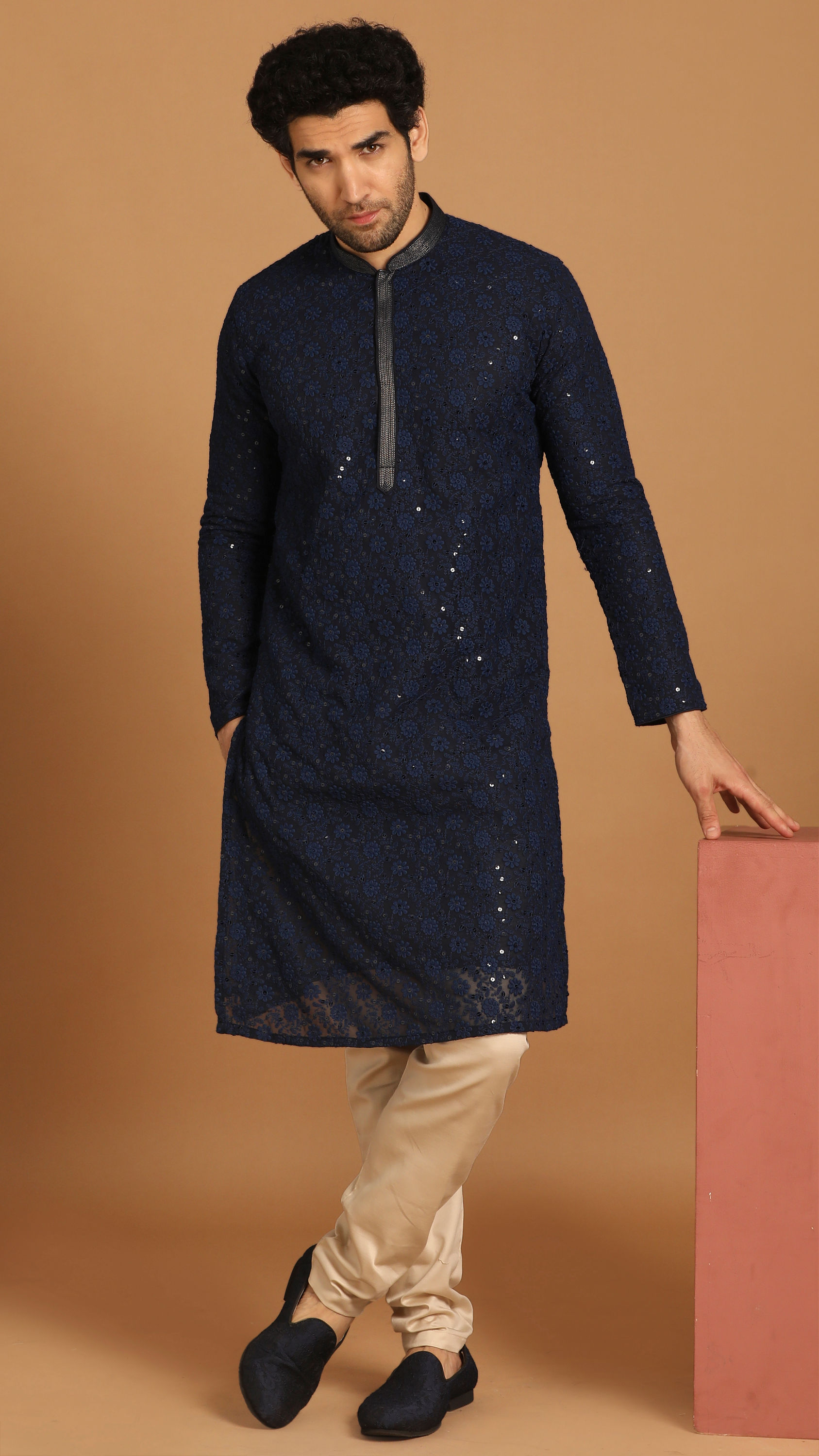 Manyavar Men Blue Georgette Kurta Set