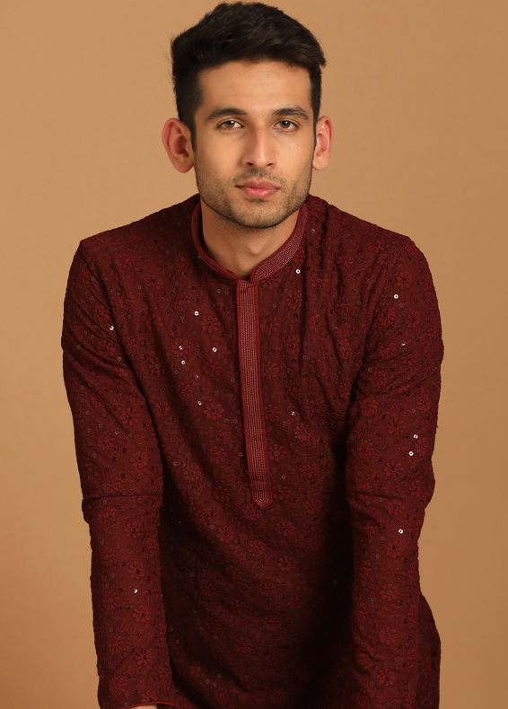 Manyavar Men Maroon Georgette Kurta Set