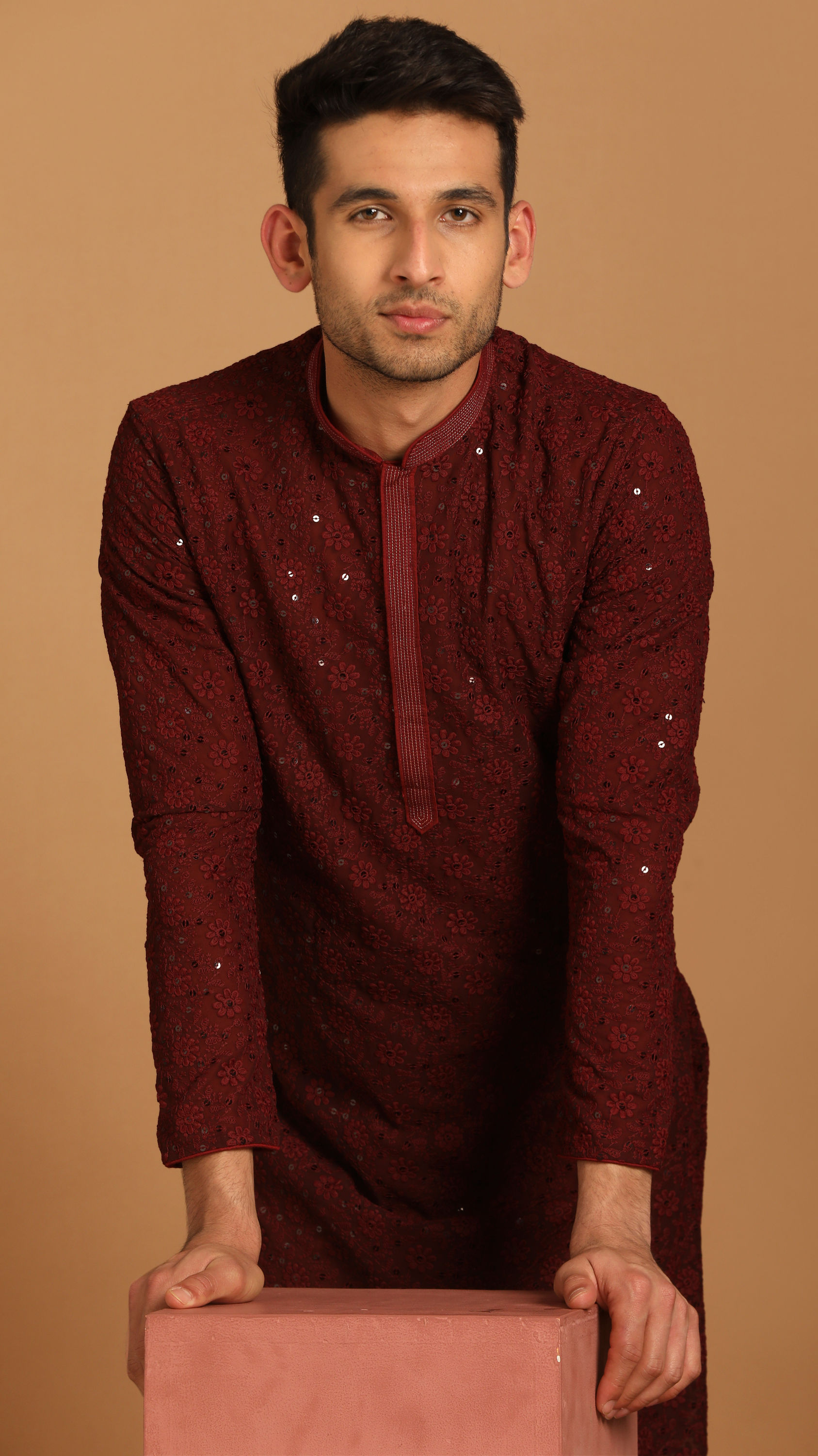 Manyavar Men Maroon Georgette Kurta Set