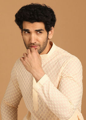 Manyavar Men Faded Pink Chikankari Kurta Set