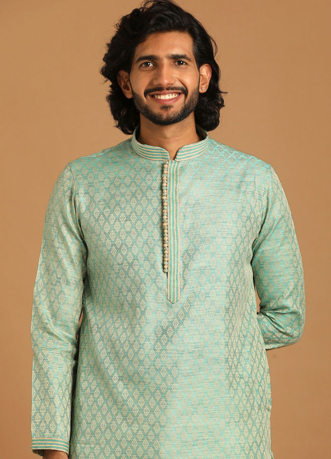 Manyavar Men Pastel Green Jacquard Kurta Set