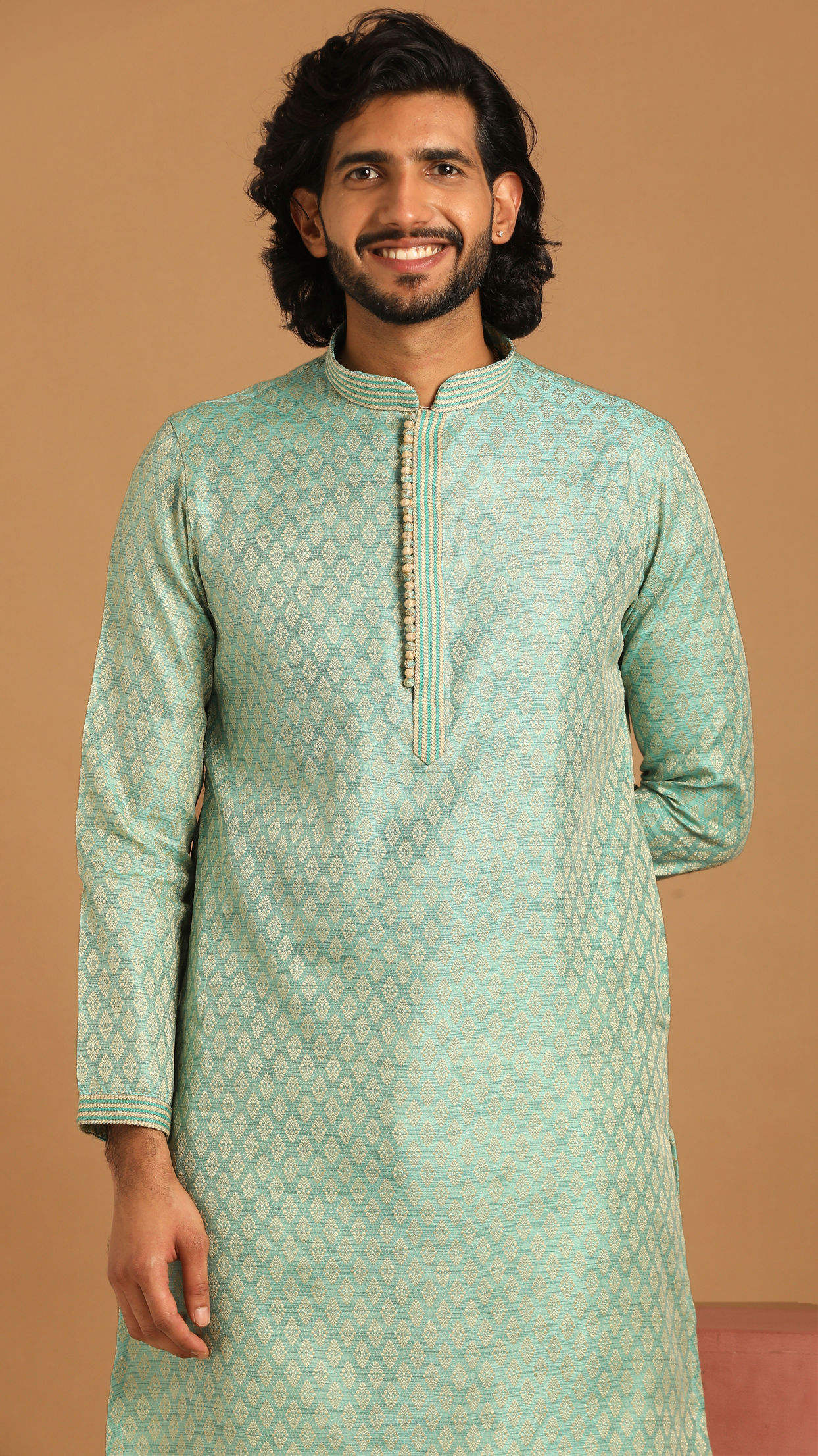 Manyavar Men Pastel Green Jacquard Kurta Set