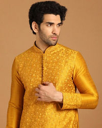 Manyavar Men Golden Yellow Thread Embroidered Kurta Set