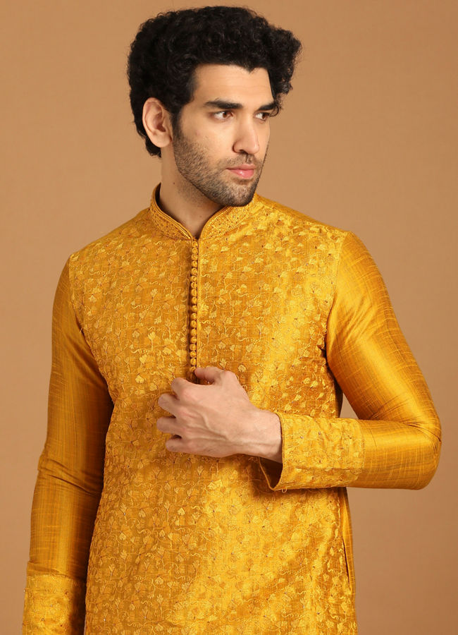 Buy Golden Yellow Thread Embroidered Kurta Set Online in India ...
