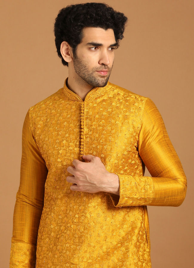 Golden Yellow Thread Embroidered Kurta Set image number 0