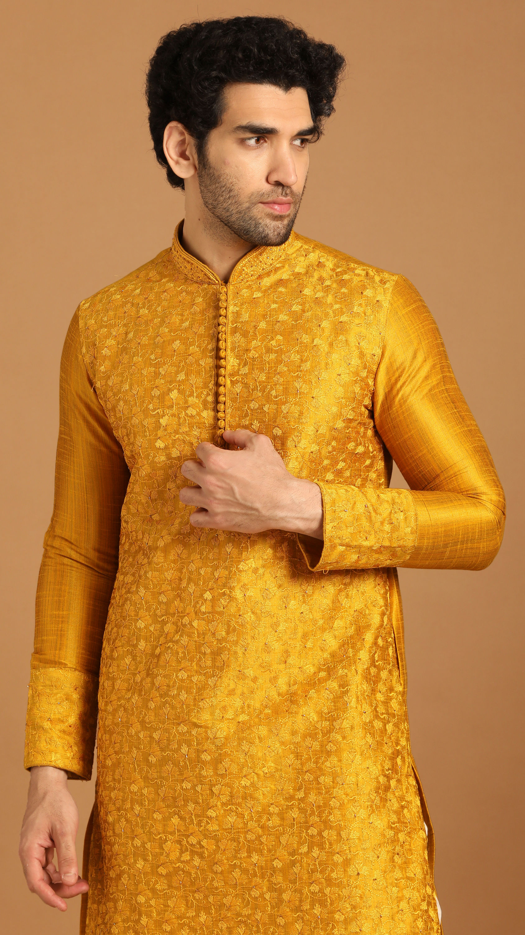 Manyavar Men Golden Yellow Thread Embroidered Kurta Set