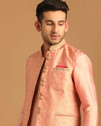 Manyavar Men Gajaree Pink Celebration Wear Kurta Jacket Set