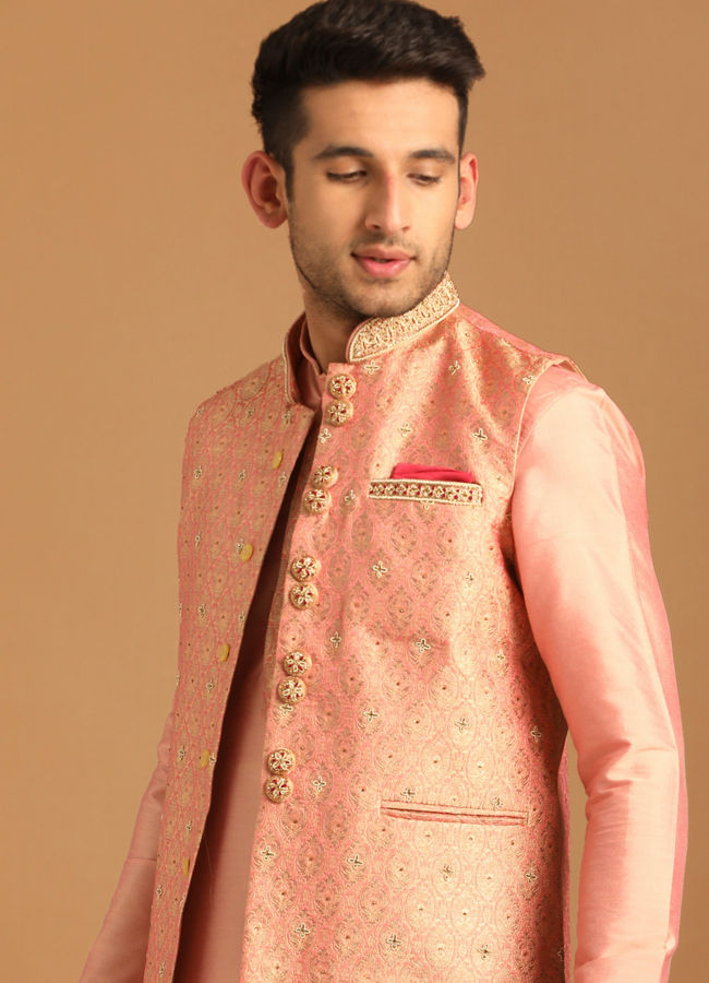 alt message - Manyavar Men Gajaree Pink Celebration Wear Kurta Jacket Set image number 0