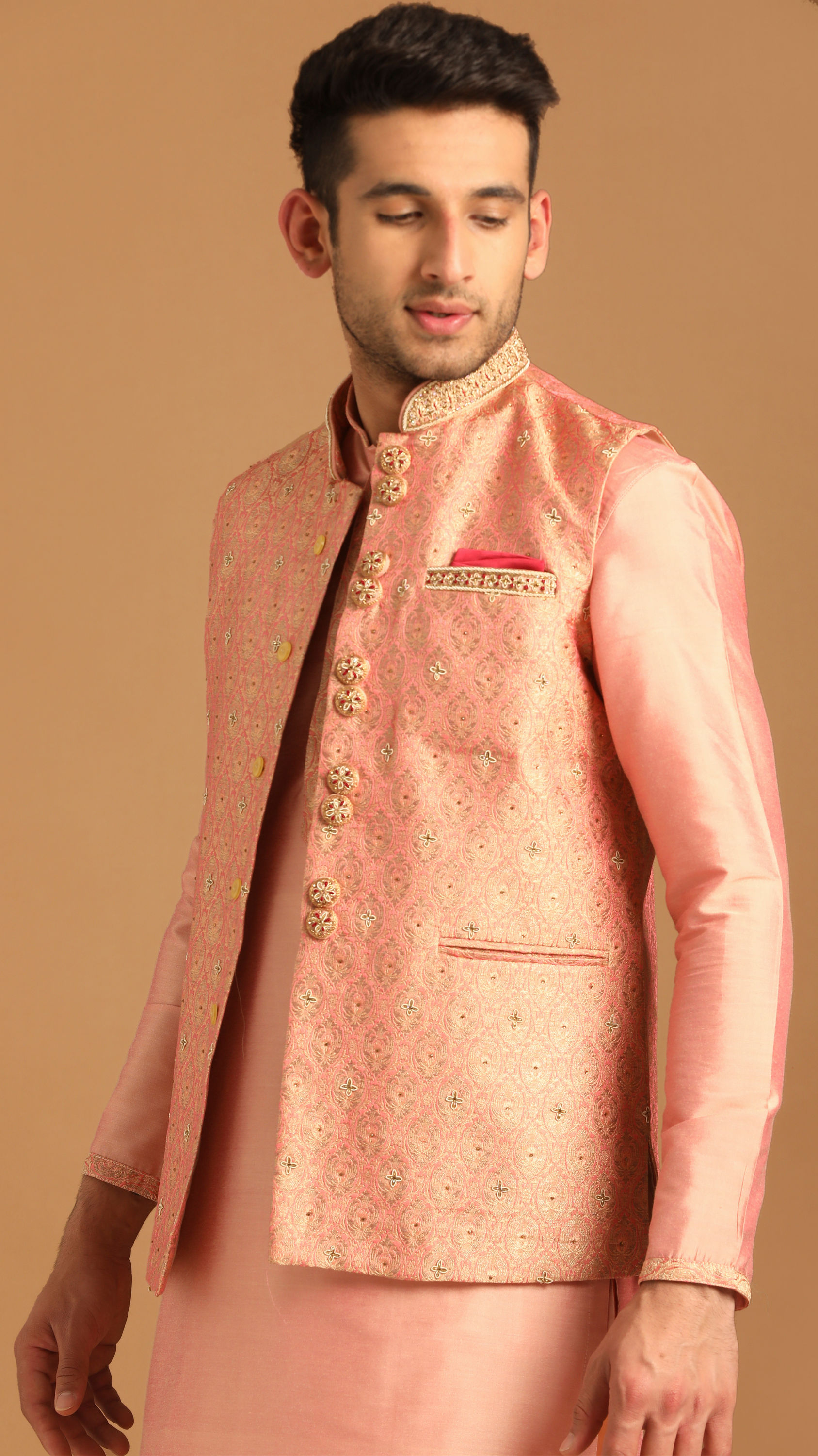 Manyavar Men Gajaree Pink Celebration Wear Kurta Jacket Set