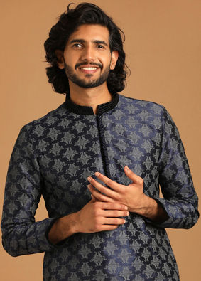 alt message - Manyavar Men Royal Blue Self Design Kurta Pajama image number 0