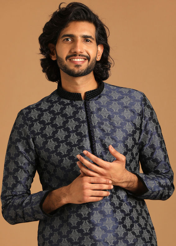Manyavar Men Royal Blue Self Design Kurta Pajama