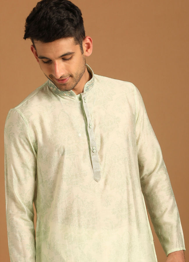 Manyavar Men Faded Green Printed Kurta Set