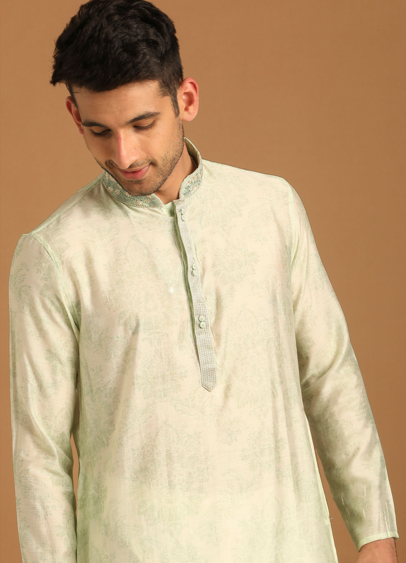 Manyavar Men Faded Green Printed Kurta Set