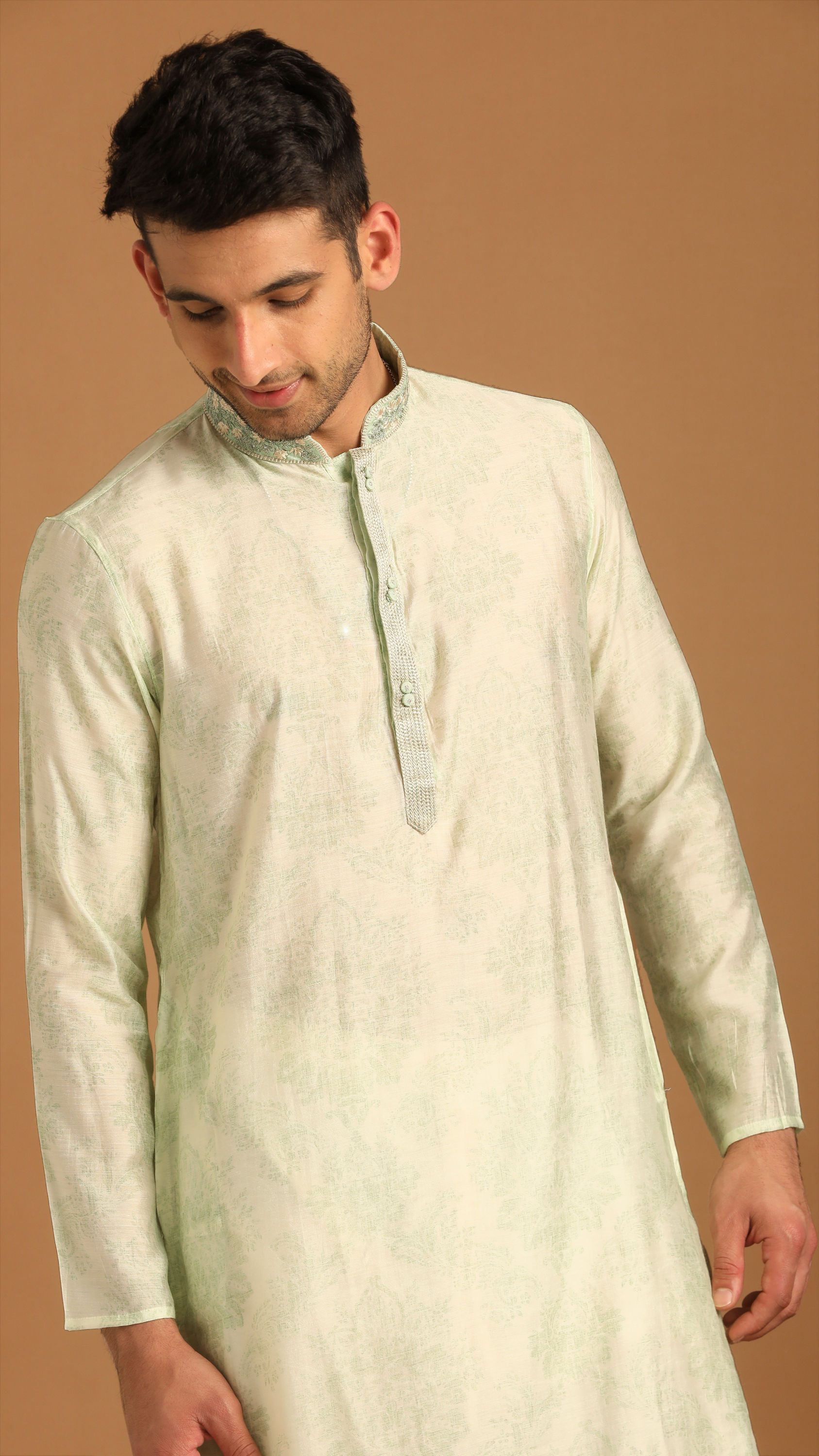 Manyavar Men Faded Green Printed Kurta Set