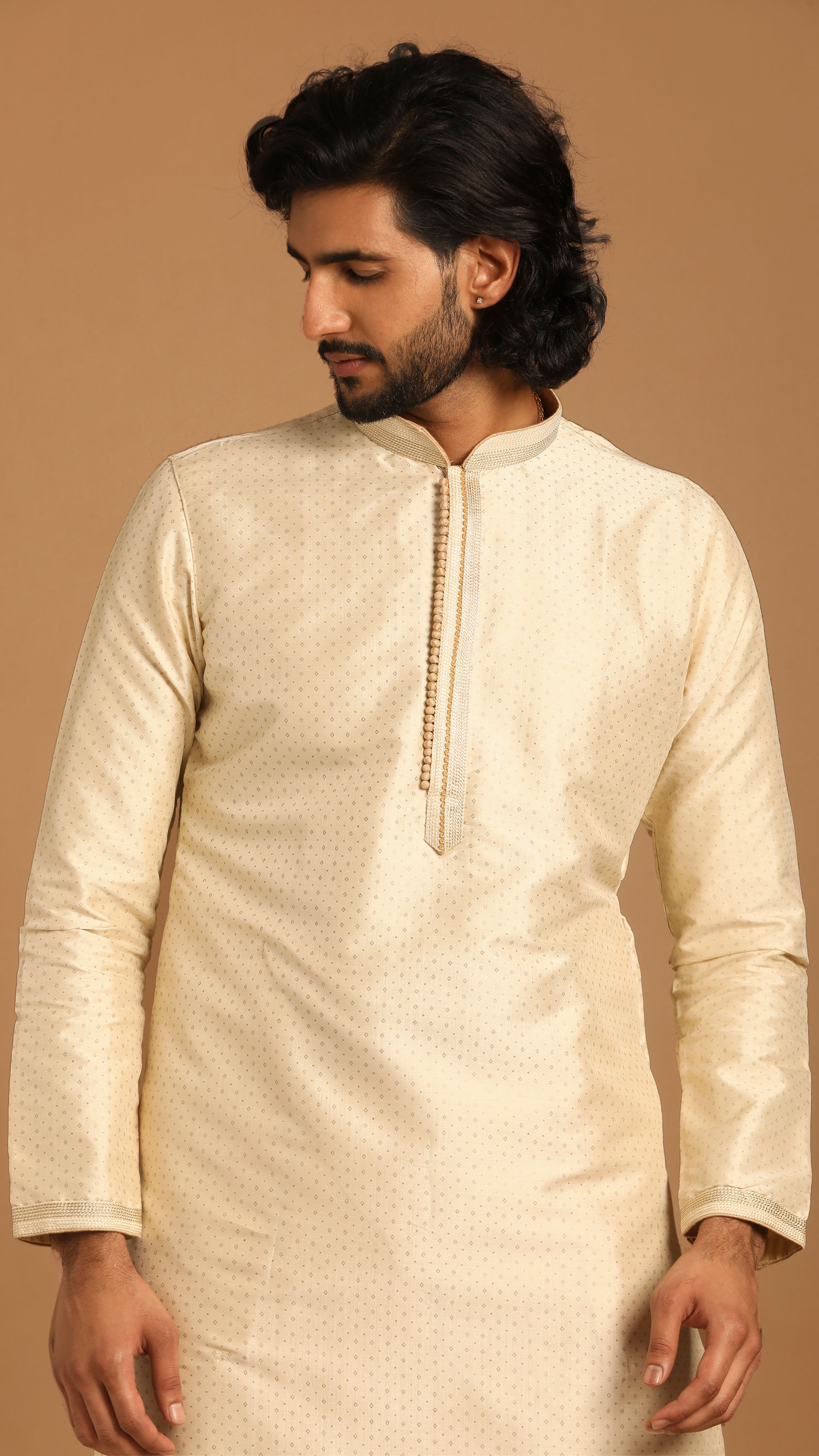 Manyavar Men Sand Kurta Set With Dot Motifs