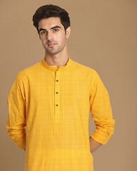 Manyavar Men Canary Yellow Self Striped Kurta