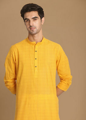 Manyavar Men Canary Yellow Self Striped Kurta image number 0