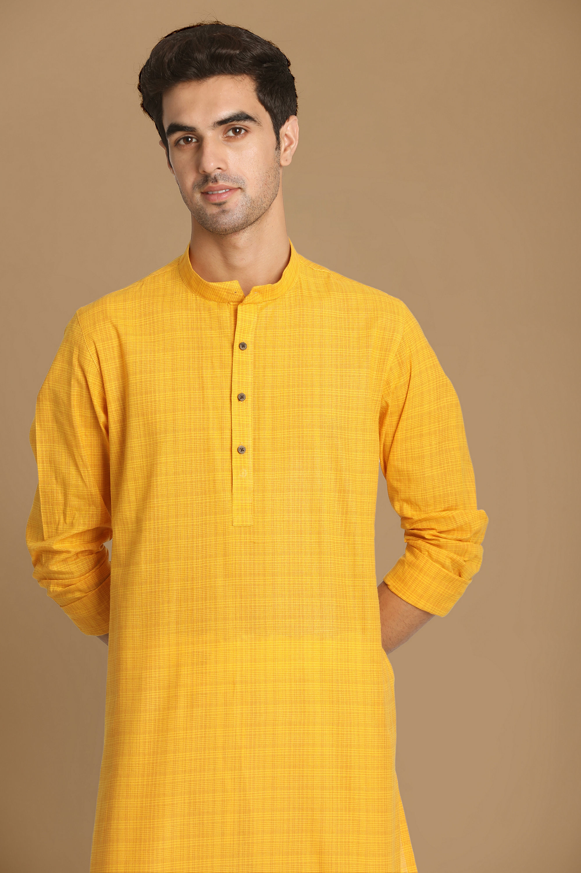 Manyavar Men Canary Yellow Self Striped Kurta