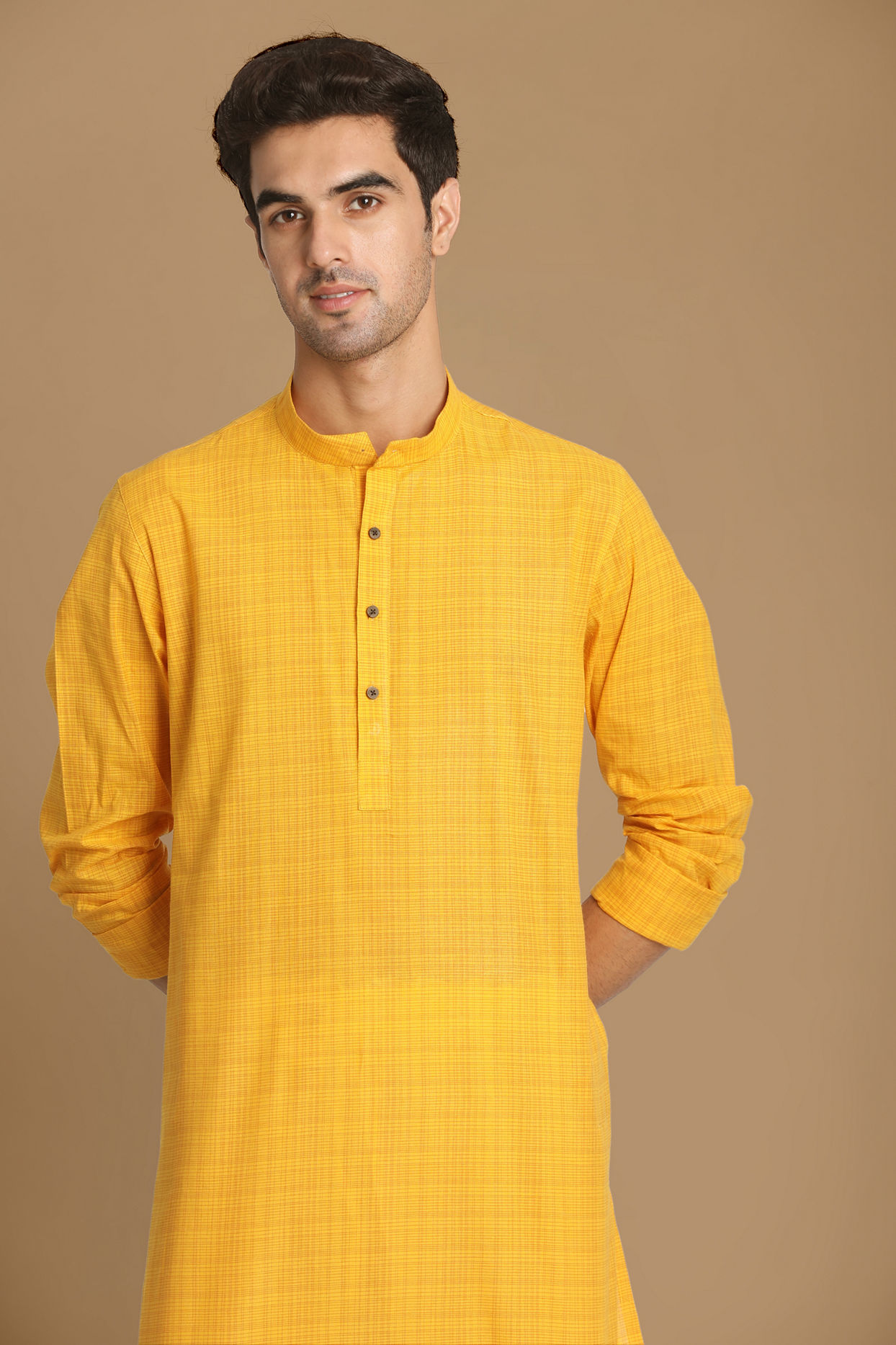 Manyavar Men Canary Yellow Self Striped Kurta image number 0