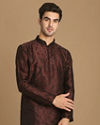 alt message - Manyavar Men Wine Self Floral Motif Kurta Set image number 0