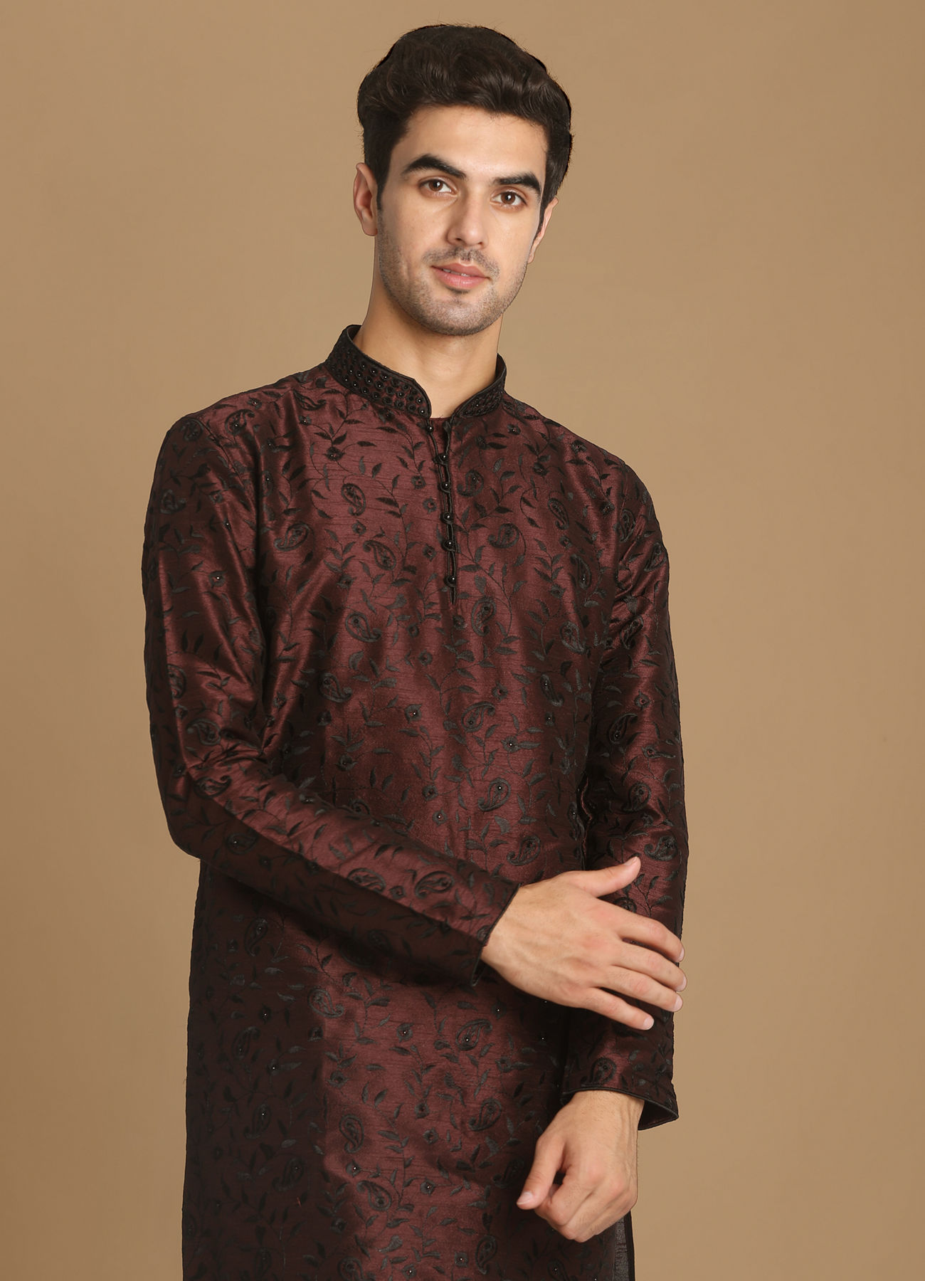 Manyavar Men Wine Self Floral Motif Kurta Set