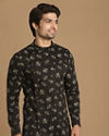 alt message - Manyavar Men Black Side Open Floral Print Kurta image number 0