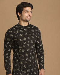 Manyavar Men Black Side Open Floral Print Kurta