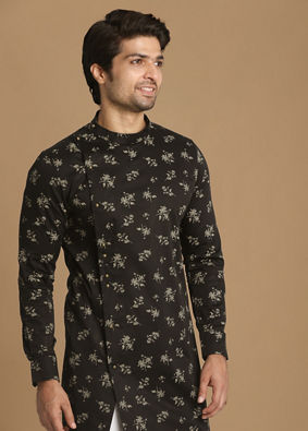 Manyavar Men Black Side Open Floral Print Kurta image number 0