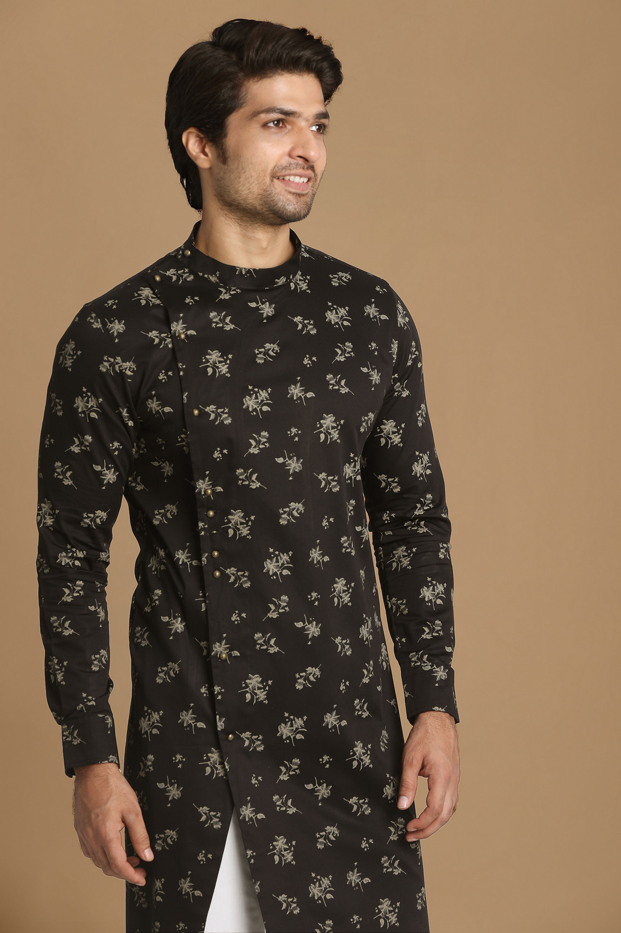 Manyavar Men Black Side Open Floral Print Kurta