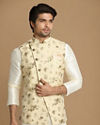 alt message - Manyavar Men Biege Floral Print Kurta Jacket Set image number 0