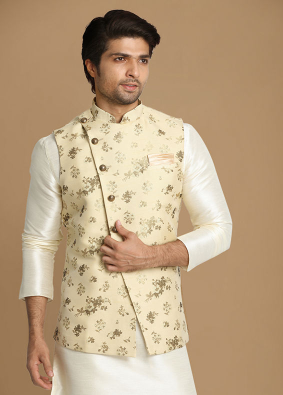 Manyavar Men Biege Floral Print Kurta Jacket Set