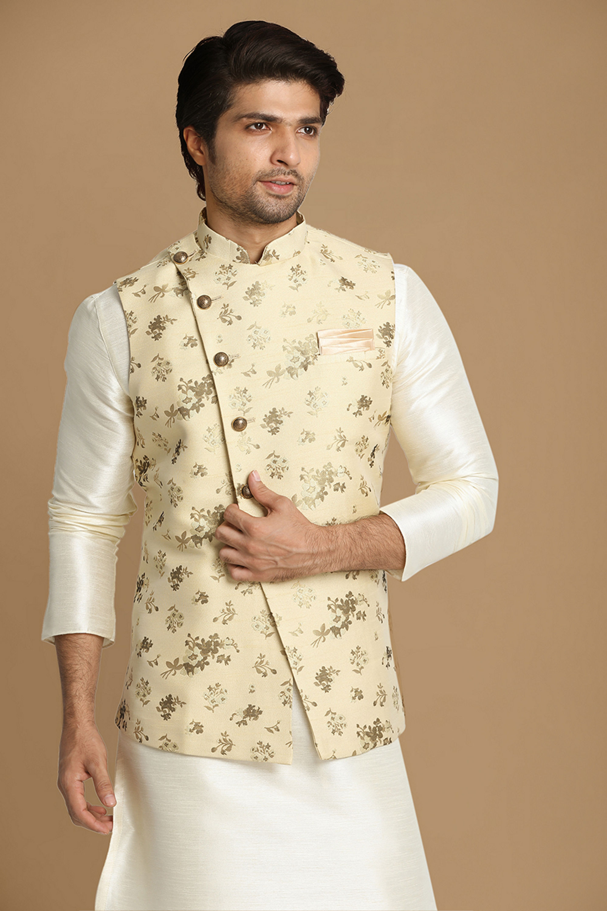 Manyavar Men Biege Floral Print Kurta Jacket Set