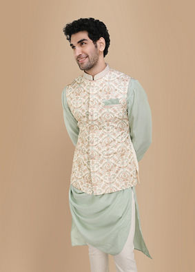 alt message - Manyavar Men Lavish Cream Kurta Jacket Set image number 0